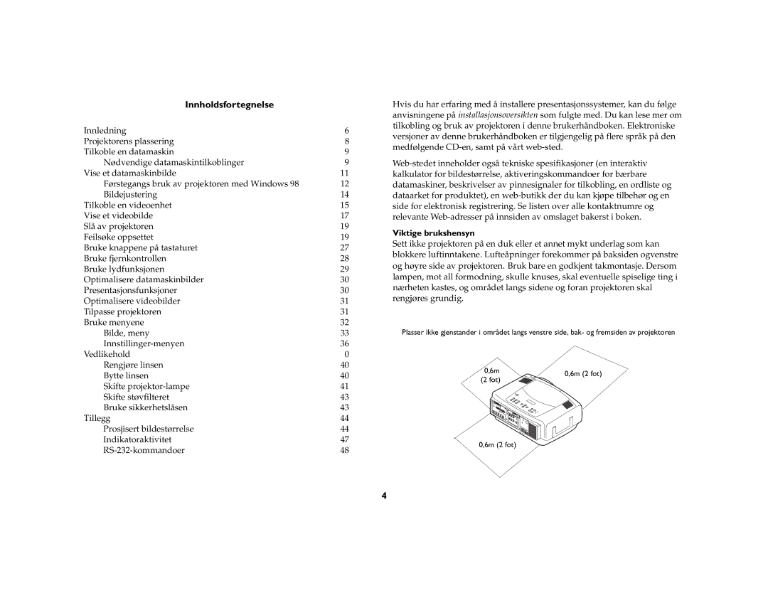 JVC LP840 manual Innholdsfortegnelse, Viktige brukshensyn 