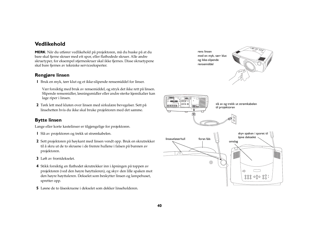 JVC LP840 manual Vedlikehold, Rengjøre linsen, Bytte linsen 