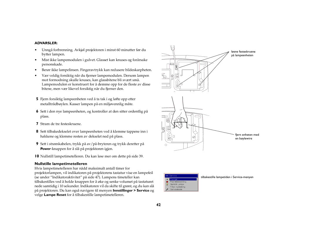 JVC LP840 manual Nullstille lampetimetelleren, Advarsler 