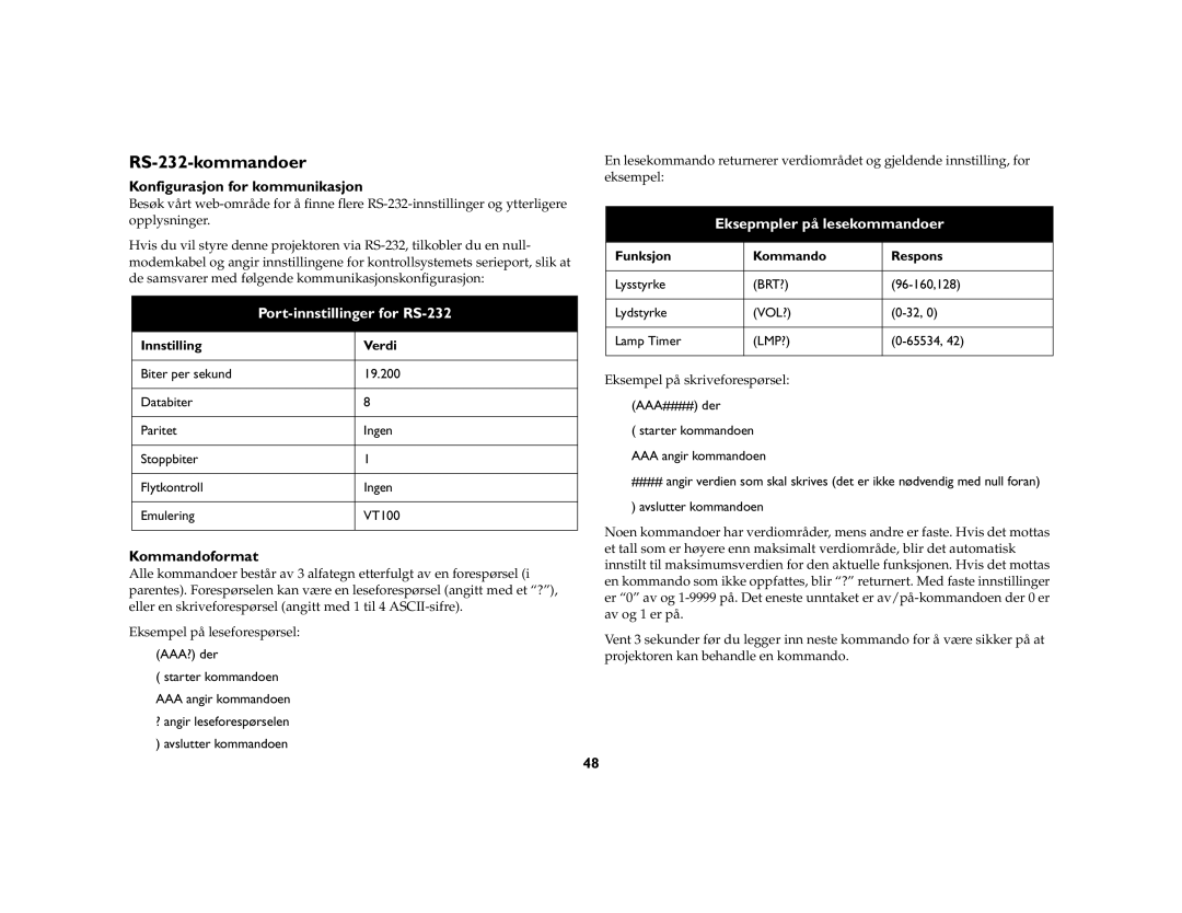 JVC LP840 manual RS-232-kommandoer, Konfigurasjon for kommunikasjon, Kommandoformat 