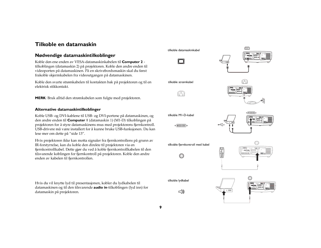 JVC LP840 manual Tilkoble en datamaskin, Nødvendige datamaskintilkoblinger, Alternative datamaskintilkoblinger 