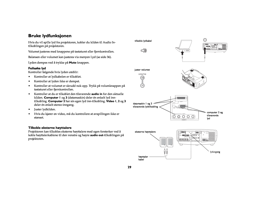 JVC LP840 manual Bruke lydfunksjonen, Feilsøke lyd, Tilkoble eksterne høyttalere 