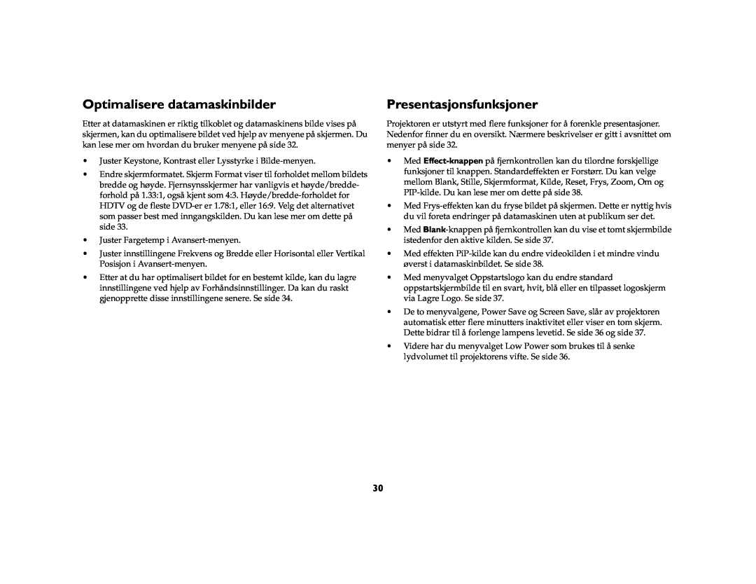 JVC LP840 manual Optimalisere datamaskinbilder, Presentasjonsfunksjoner 