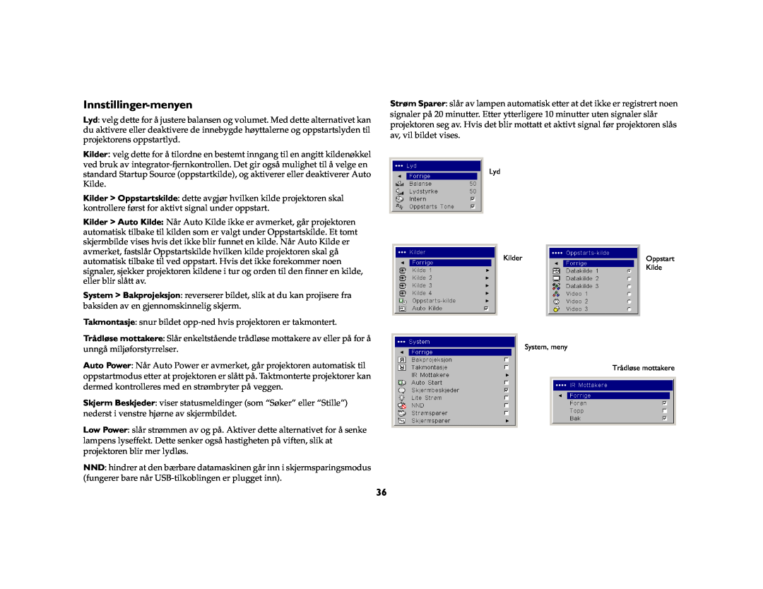 JVC LP840 manual Innstillinger-menyen 