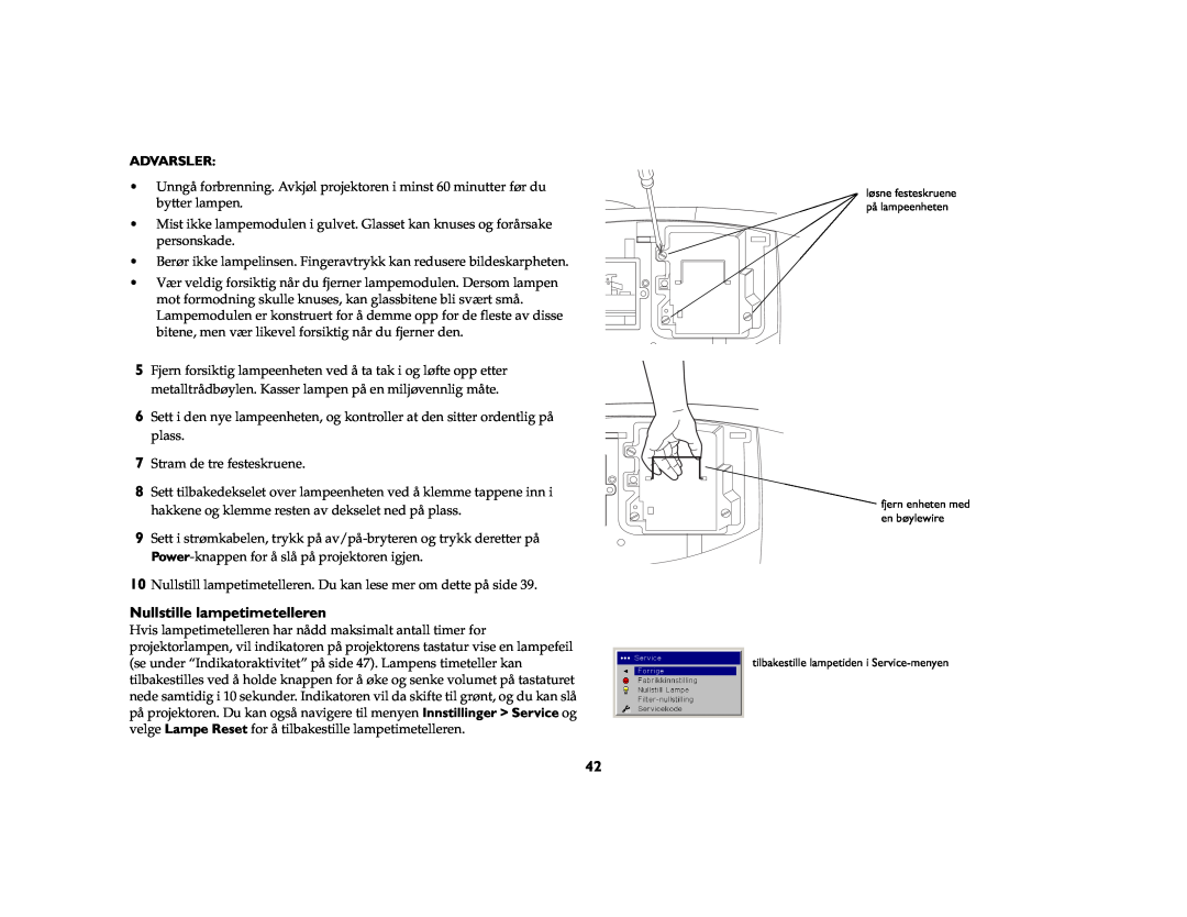 JVC LP840 manual Nullstille lampetimetelleren, Advarsler 