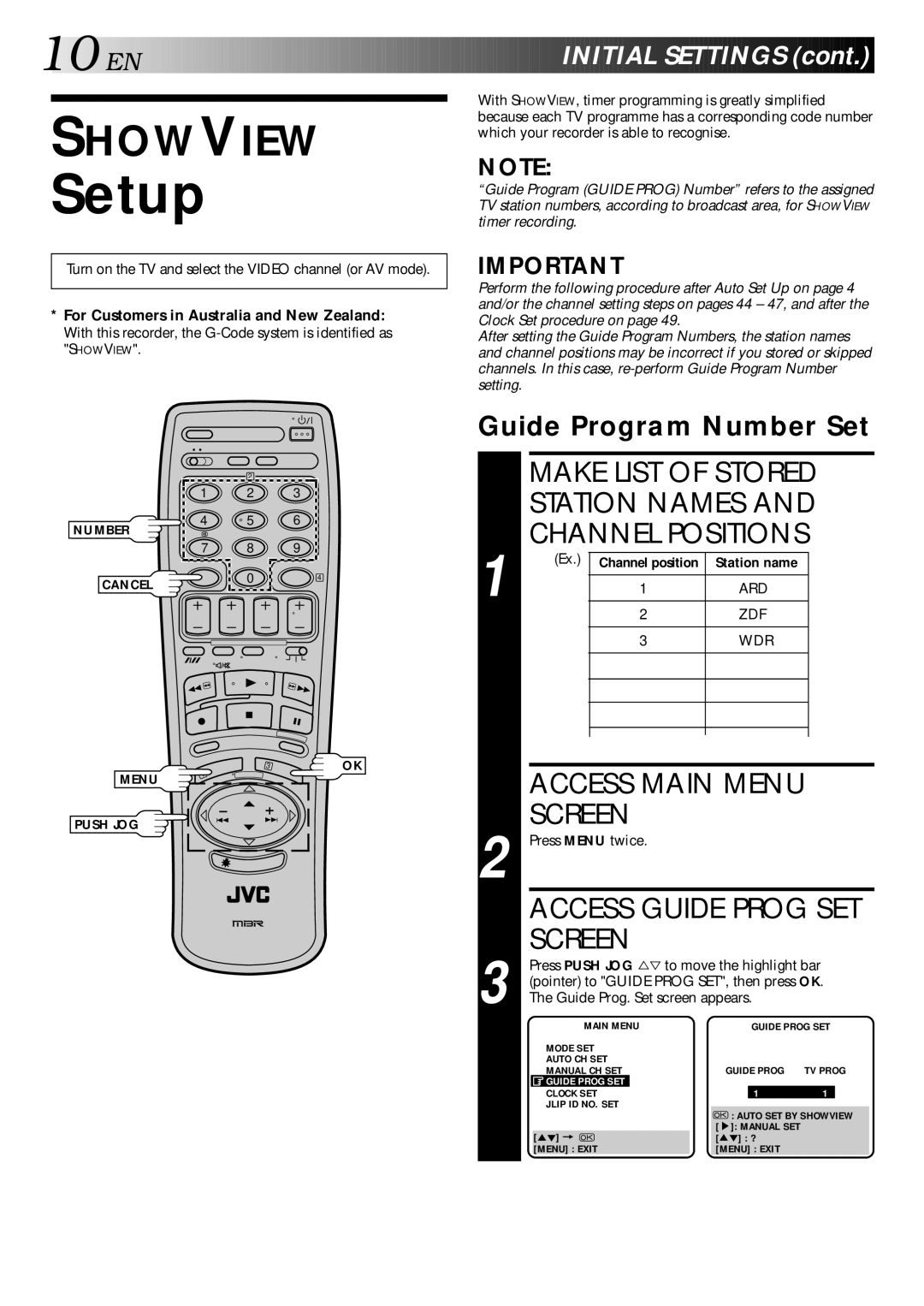 JVC LPT0002-027B specifications Setup, Make List of Stored Station Names Channel Positions, Guide Program Number Set 