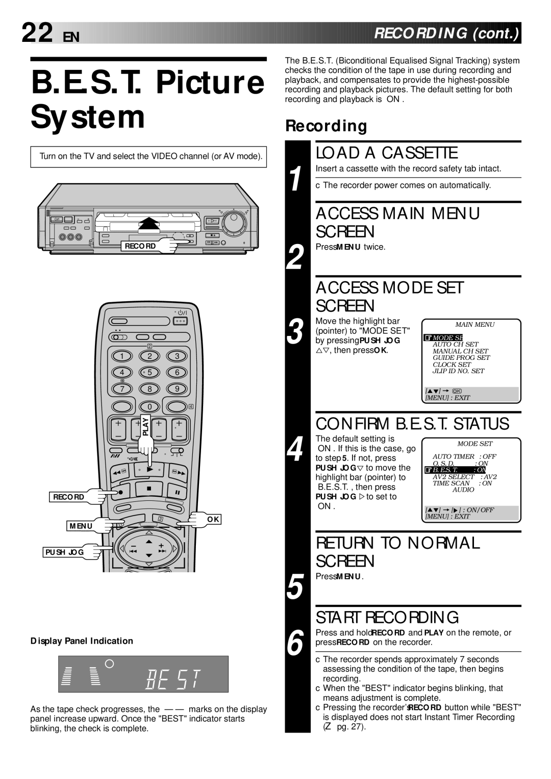 JVC LPT0002-027B specifications S.T. Picture System, Access Main Menu, Screen, Return to Normal, EN Recording 