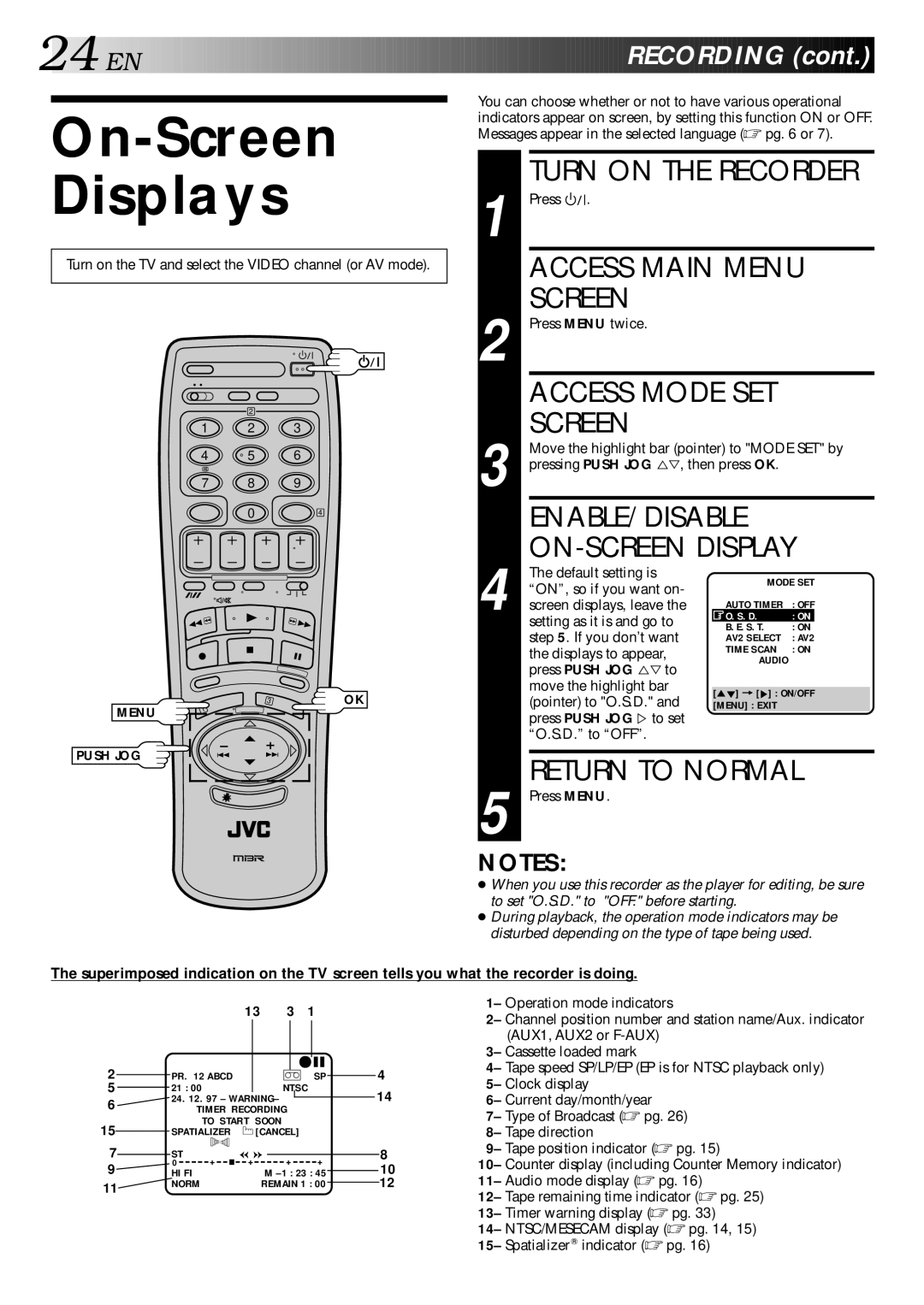 JVC LPT0002-027B specifications On-Screen Displays, ENABLE/DISABLE ON-SCREEN Display, 13 3 