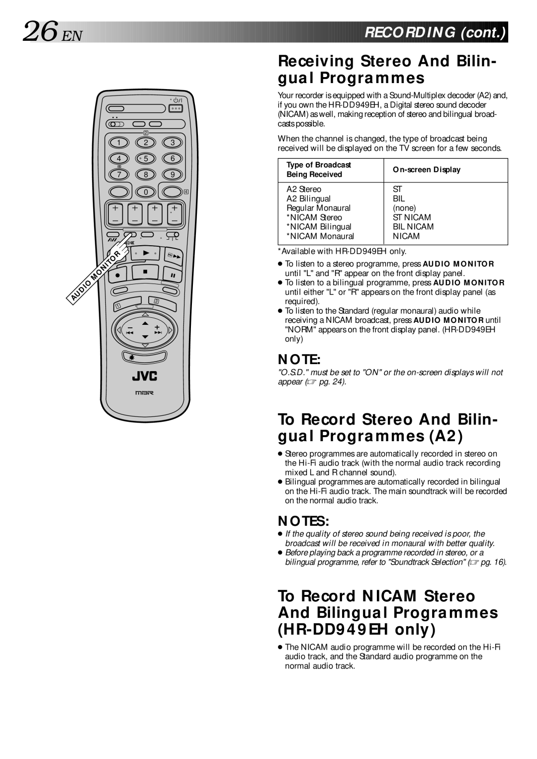 JVC LPT0002-027B specifications Receiving Stereo And Bilin- gual Programmes, To Record Stereo And Bilin- gual Programmes A2 