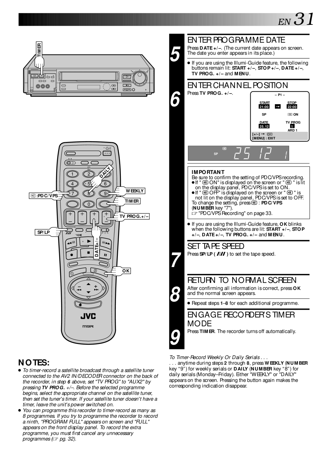 JVC LPT0002-027B Buttons remain lit Start +/-, Stop +/-, Date +, TV PROG. +/- and Menu, Press TV PROG. +, Pdc/Vps 