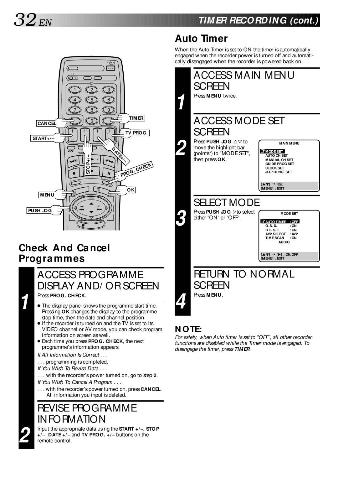 JVC LPT0002-027B specifications Access Programme, Revise Programme, Information, Auto Timer, Check And Cancel Programmes 