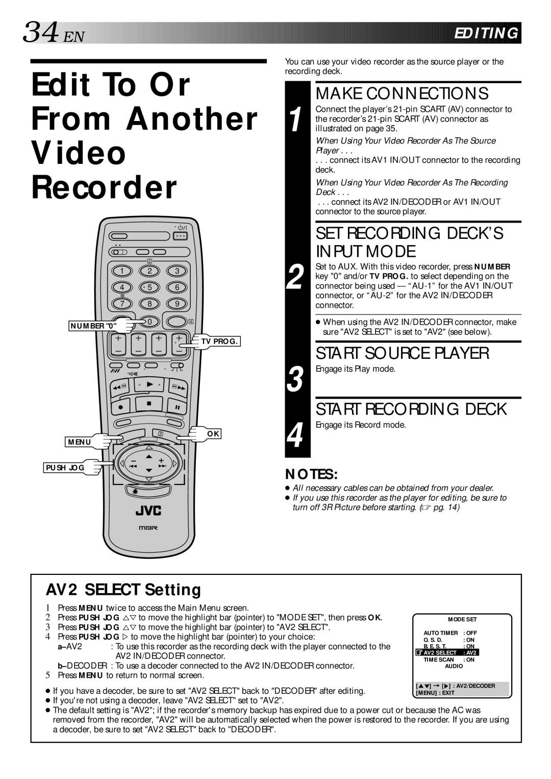 JVC LPT0002-027B specifications Edit To Or From Another Video Recorder, Make Connections, SET Recording DECK’S Input Mode 