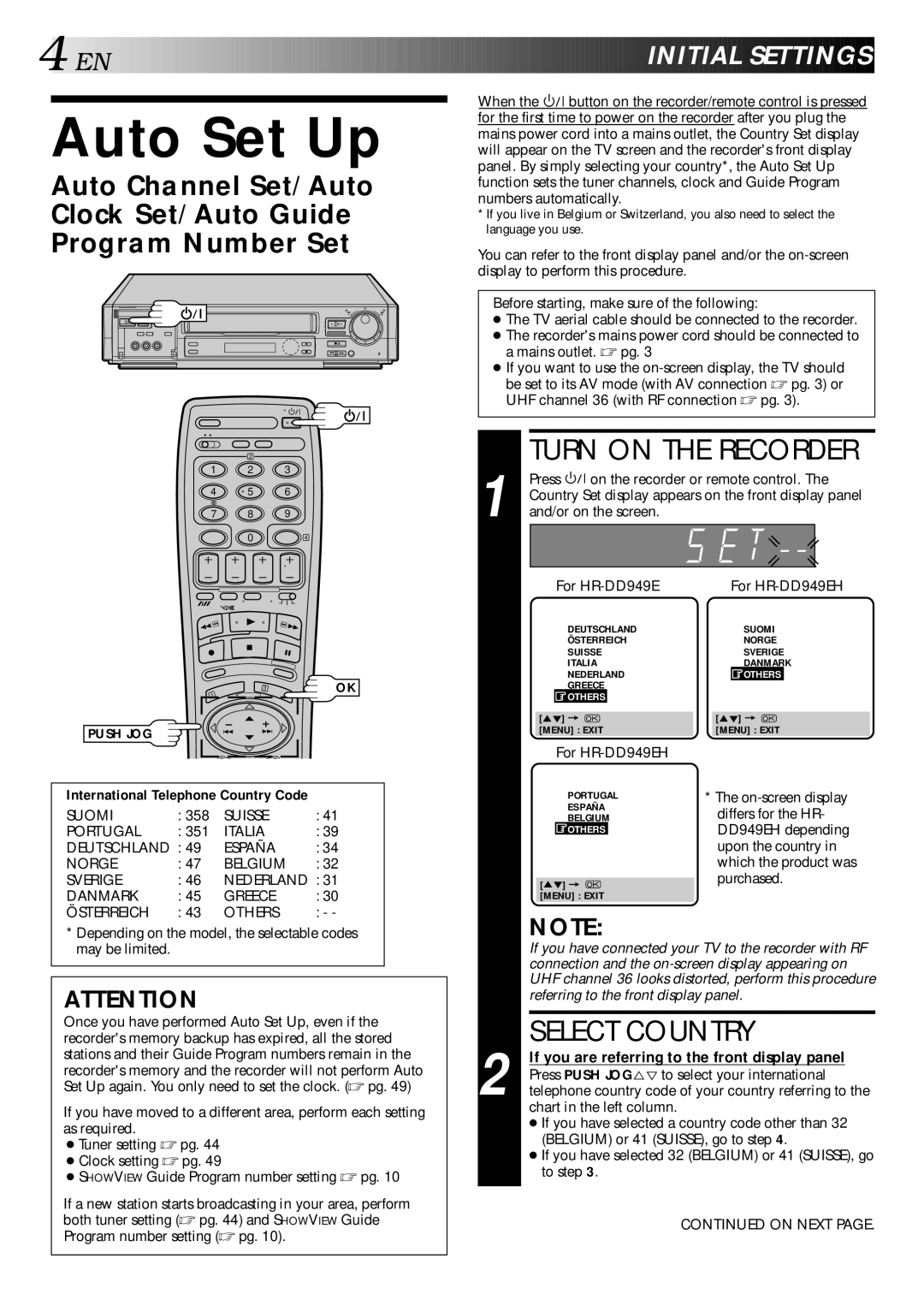 JVC LPT0002-027B specifications Auto Set Up, Turn on the Recorder, Select Country, Nitial Sett Ings 