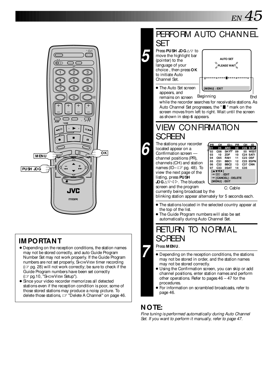 JVC LPT0002-027B Press Push JOG Move the highlight bar, Pointer to Language of your, To initiate Auto Channel Set, Appears 