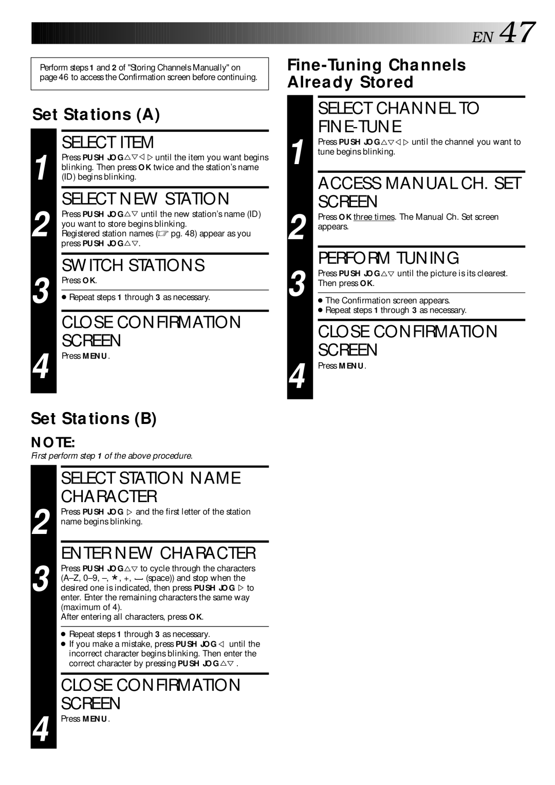 JVC LPT0002-027B Select NEW Station, Switch Stations, Select Station Name Character, Select Channel to, Fine-Tune 