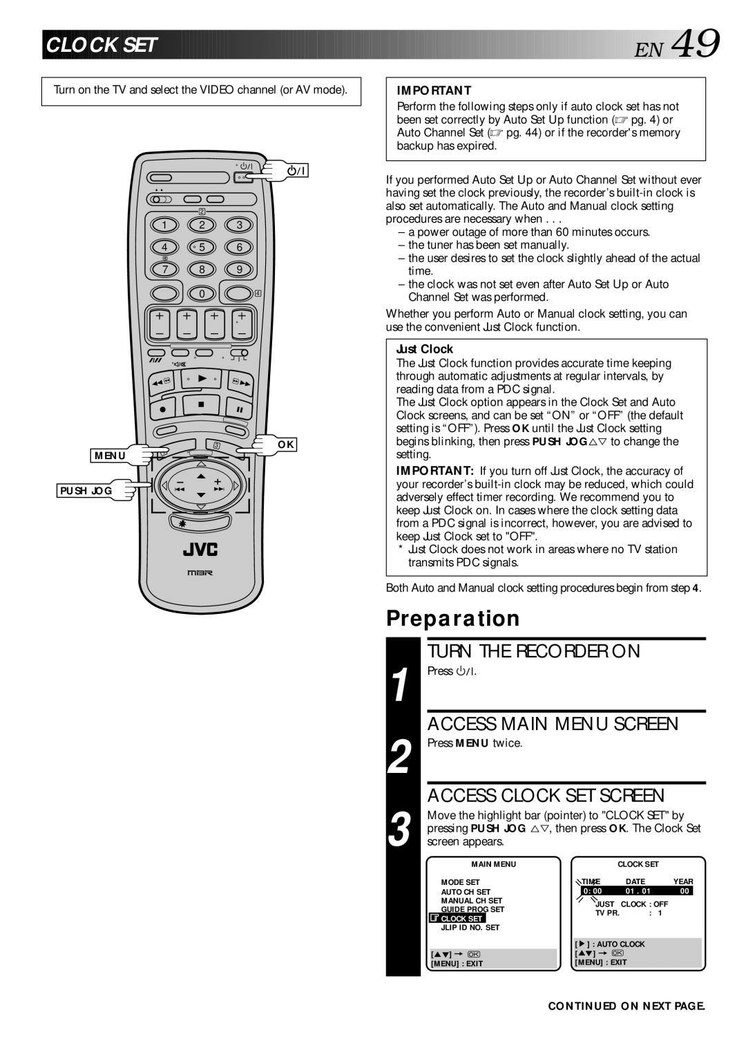 JVC LPT0002-027B specifications Preparation, Move the highlight bar pointer to Clock SET by, Screen appears, On Next 