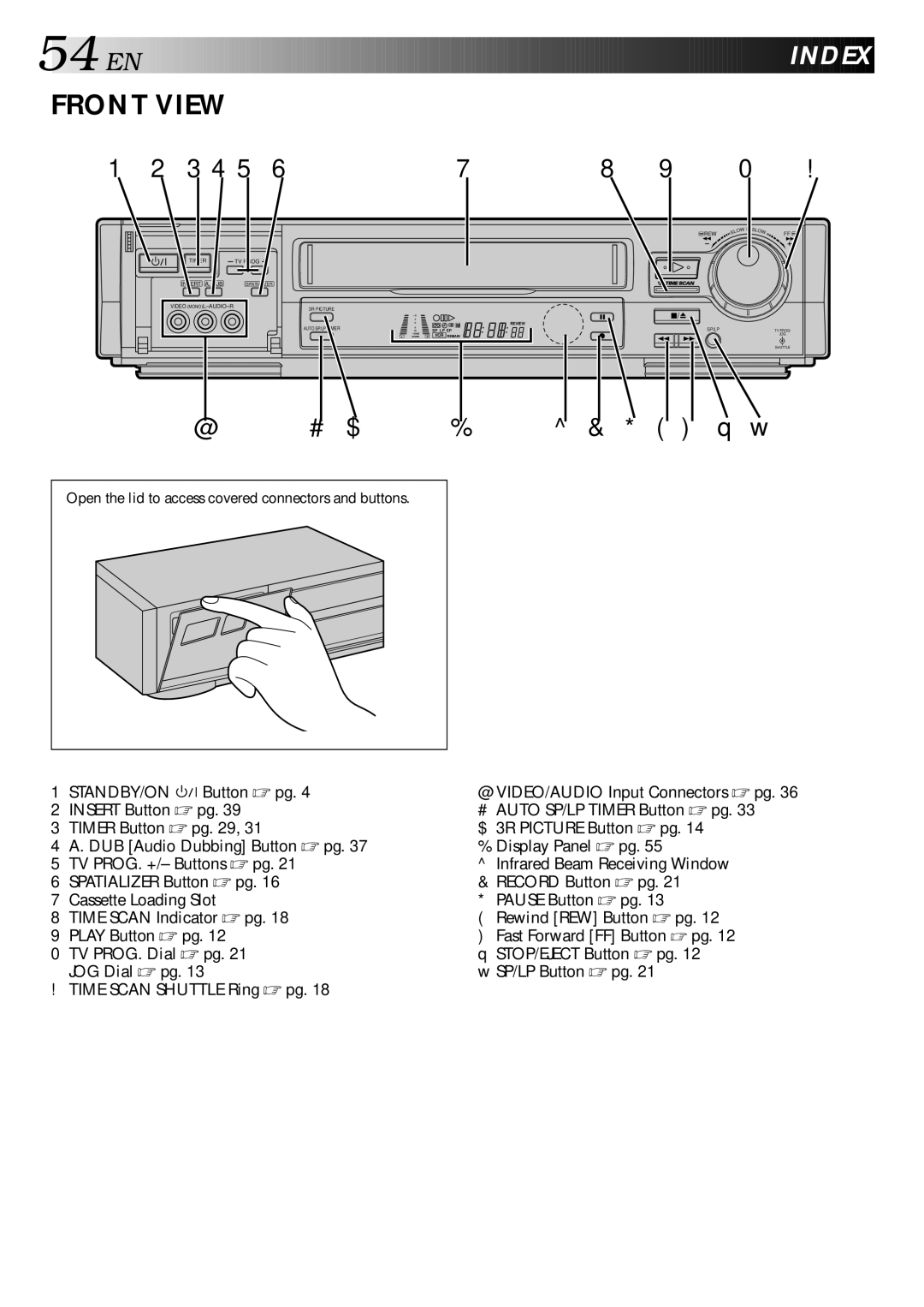 JVC LPT0002-027B specifications Index, Open the lid to access covered connectors and buttons 