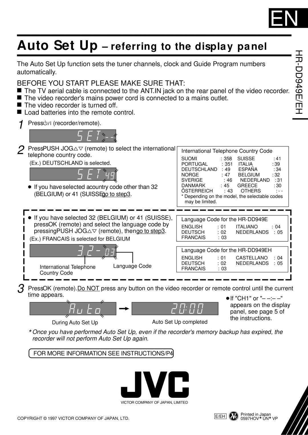 JVC LPT0002-027B International Telephone Country Code, Language Code for the HR-DD949EH, Auto Set Up completed 