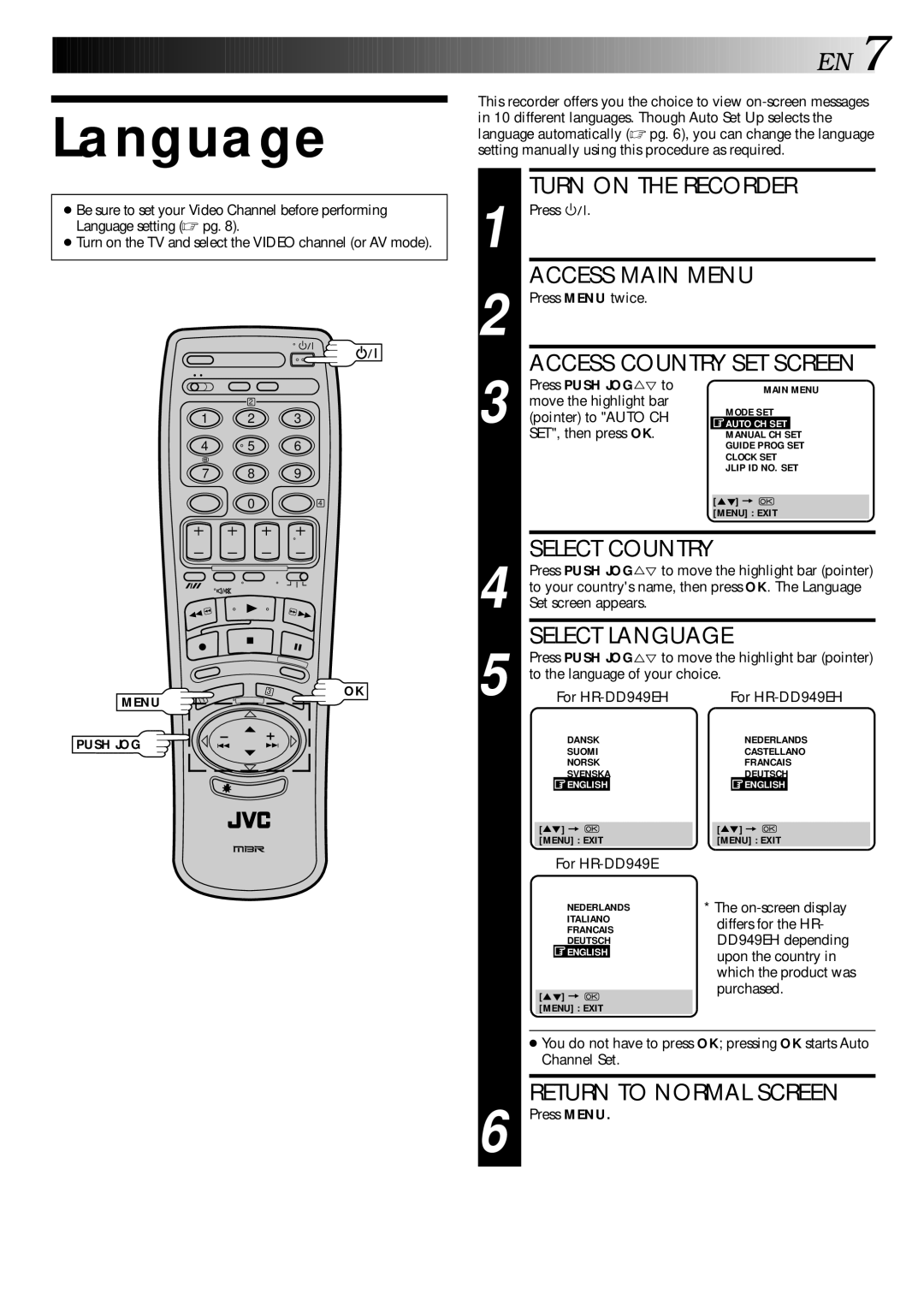 JVC LPT0002-027B specifications Language 