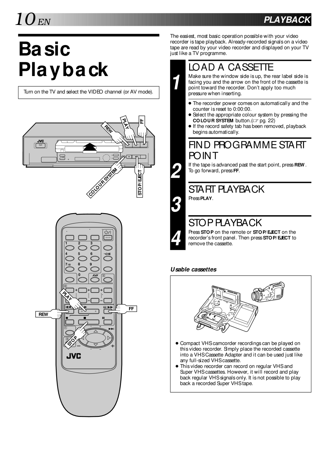 JVC LPT0002-0G4A, HR-J347EM specifications Basic Playback, Load a Cassette, Point, Start Playback, Stop Playback 