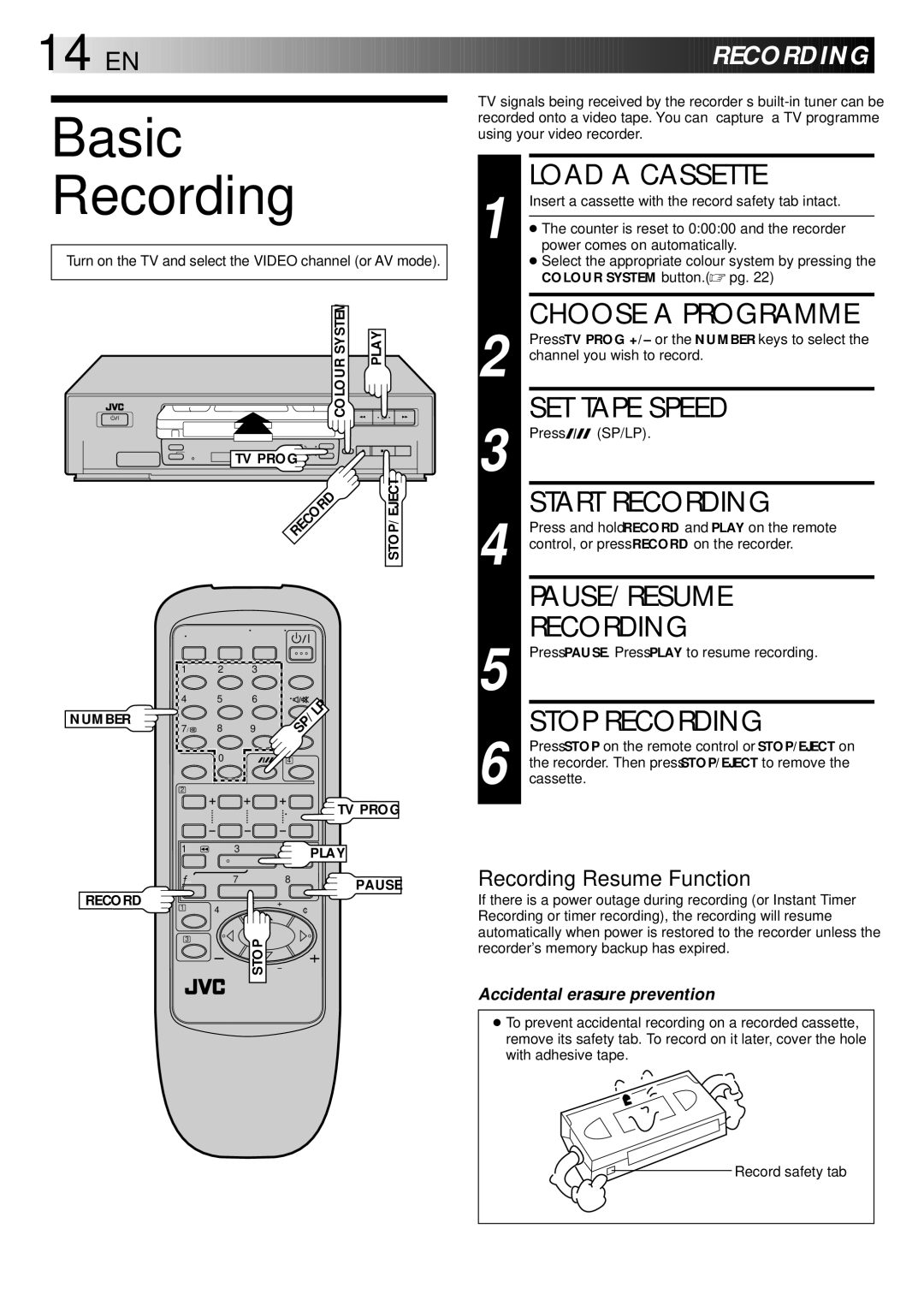 JVC LPT0002-0G4A, HR-J347EM specifications Basic Recording 