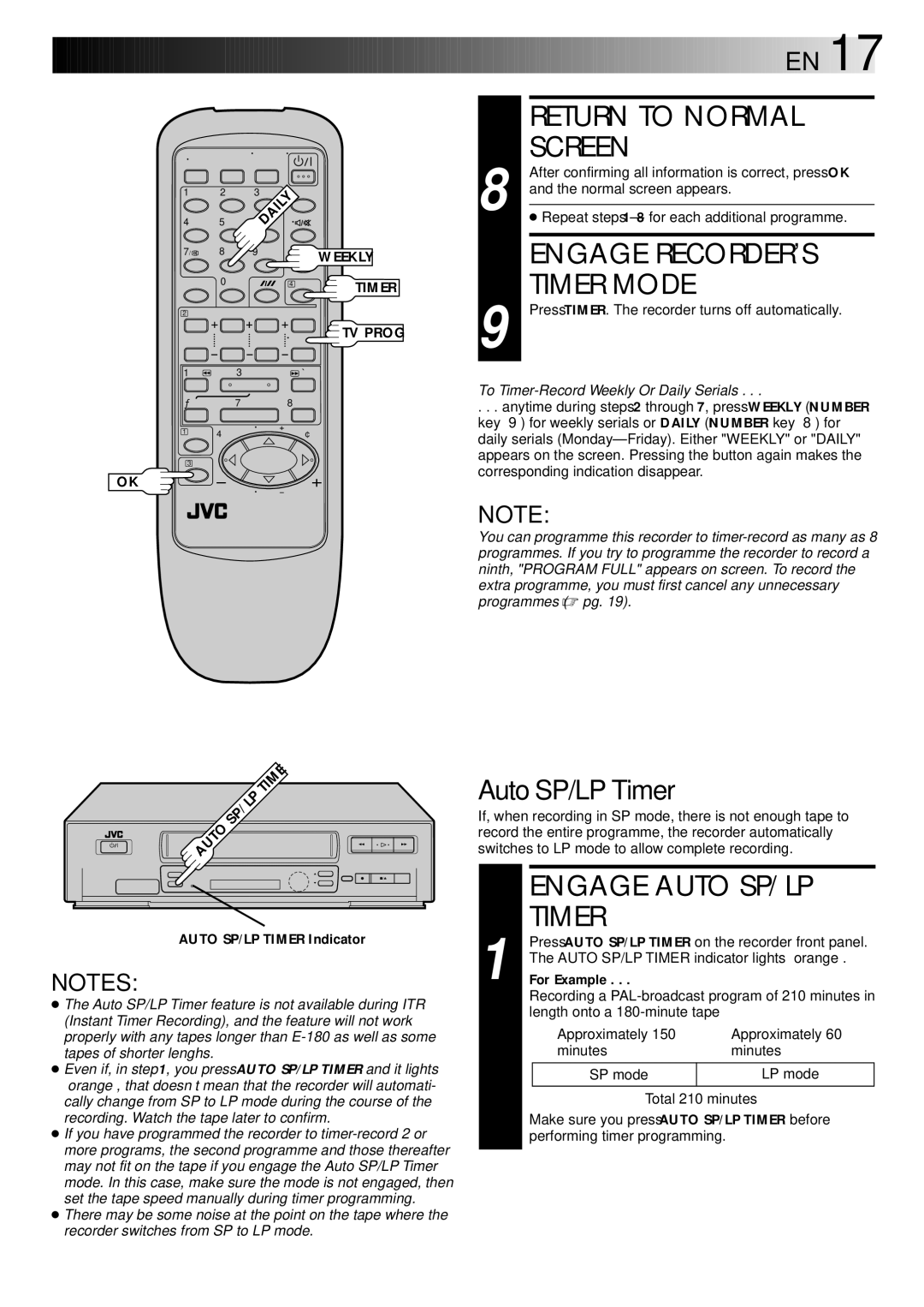 JVC HR-J347EM, LPT0002-0G4A specifications Engage RECORDER’S Timer Mode, Engage Auto SP/LP, Auto SP/LP Timer 