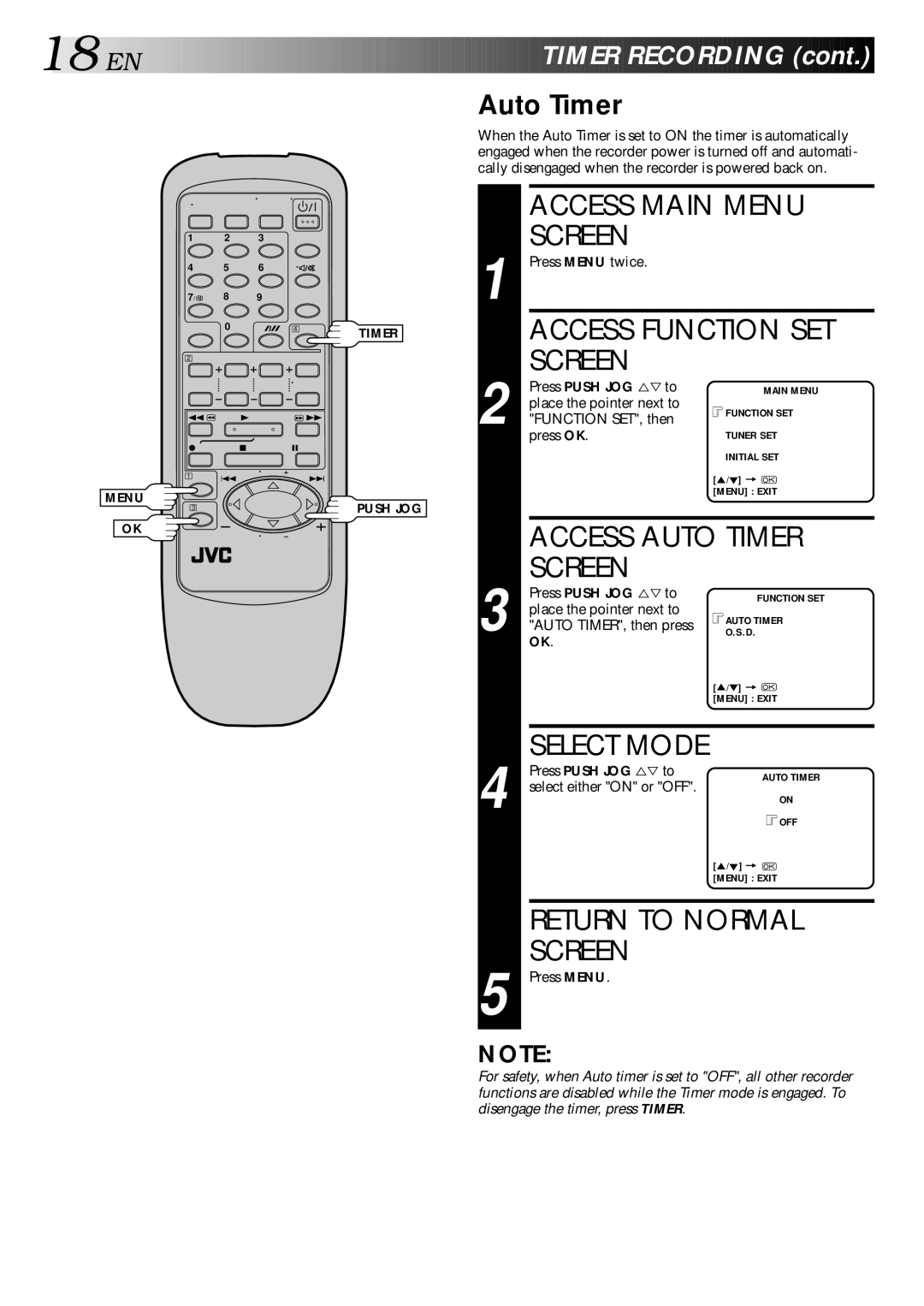 JVC LPT0002-0G4A, HR-J347EM specifications Access Function SET, Access Auto Timer, Return to Normal 