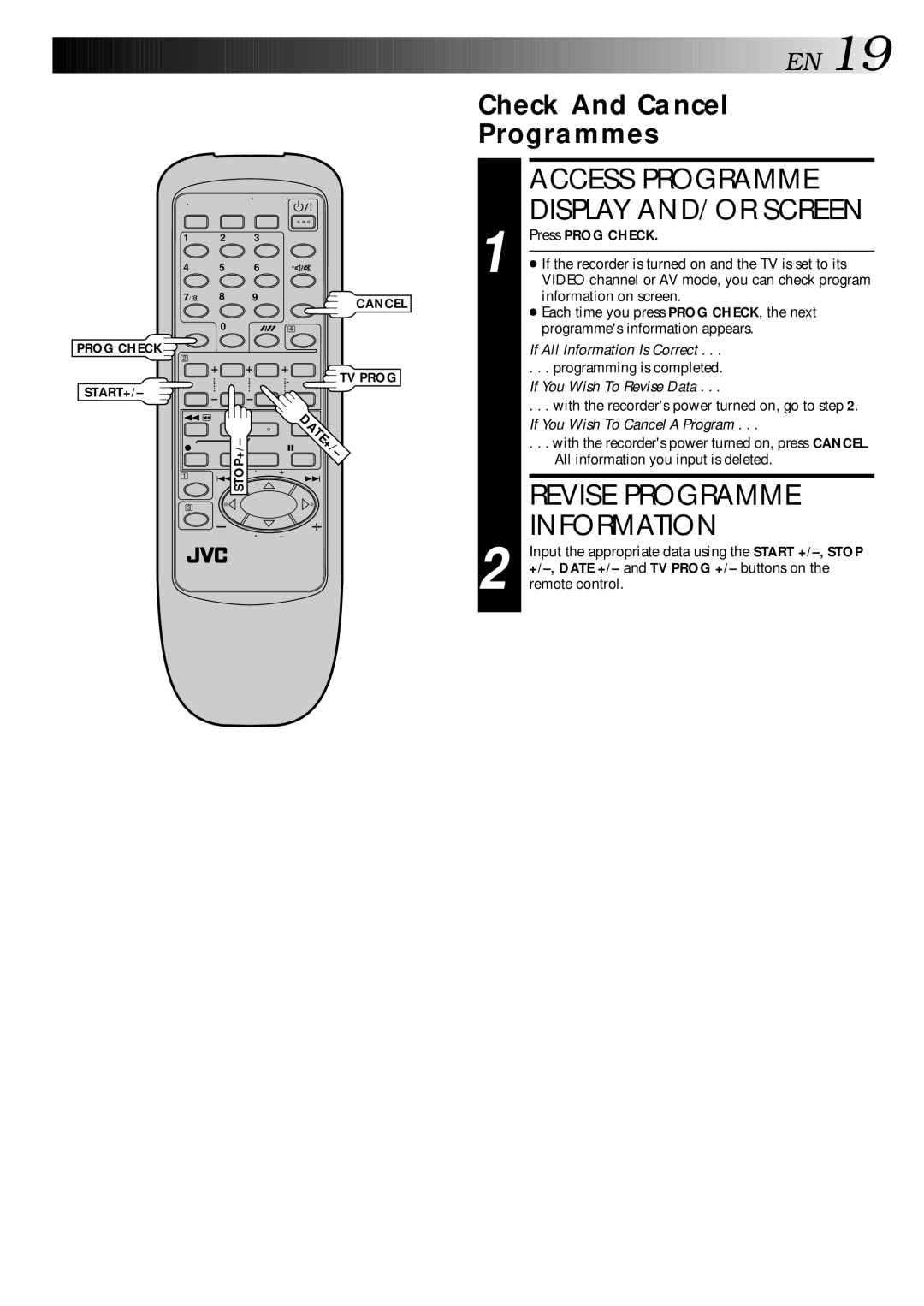 JVC HR-J347EM, LPT0002-0G4A specifications Access Programme, Revise Programme, Information, Check And Cancel Programmes 