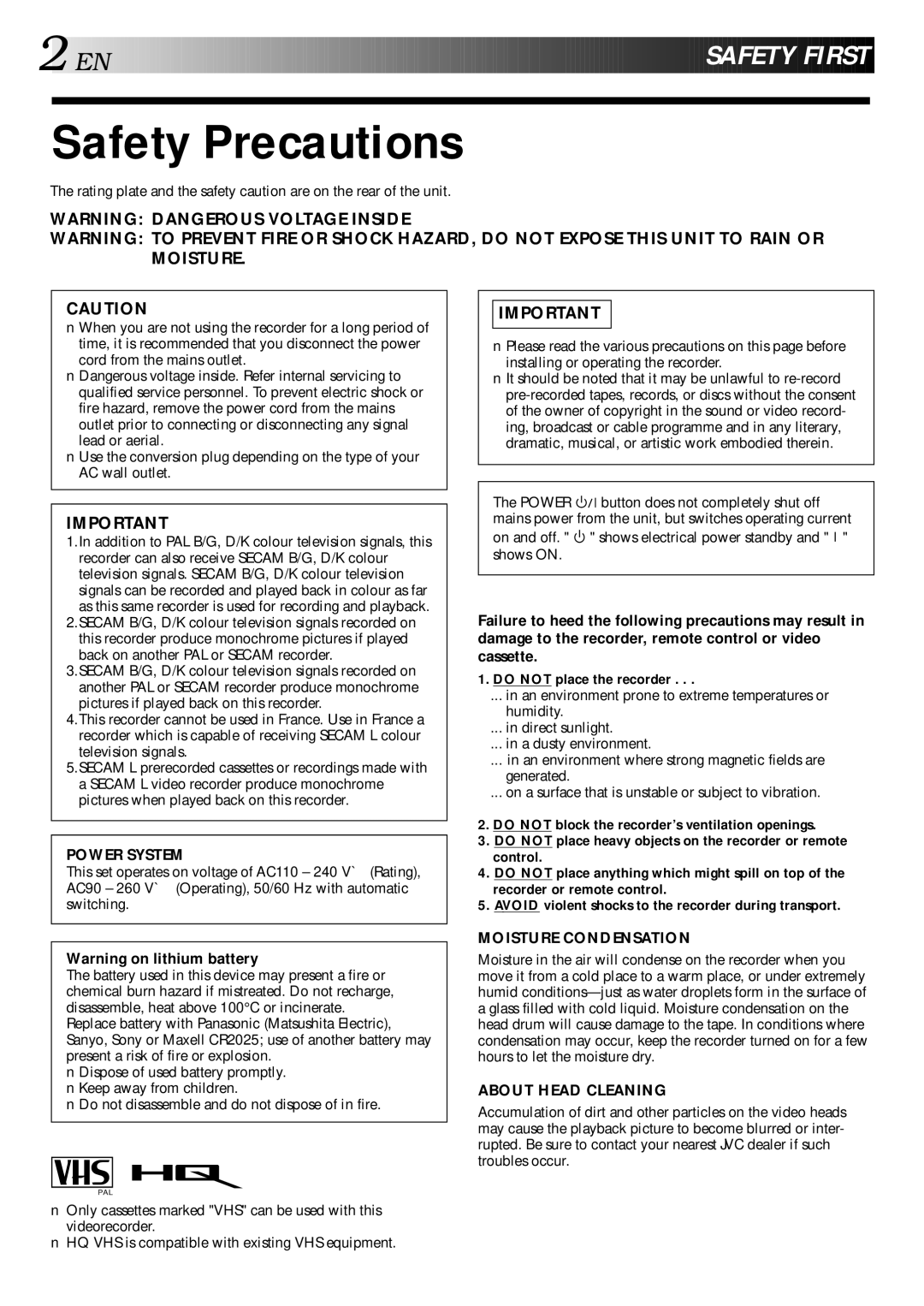 JVC LPT0002-0G4A, HR-J347EM specifications Safety Precautions, Do not place the recorder 