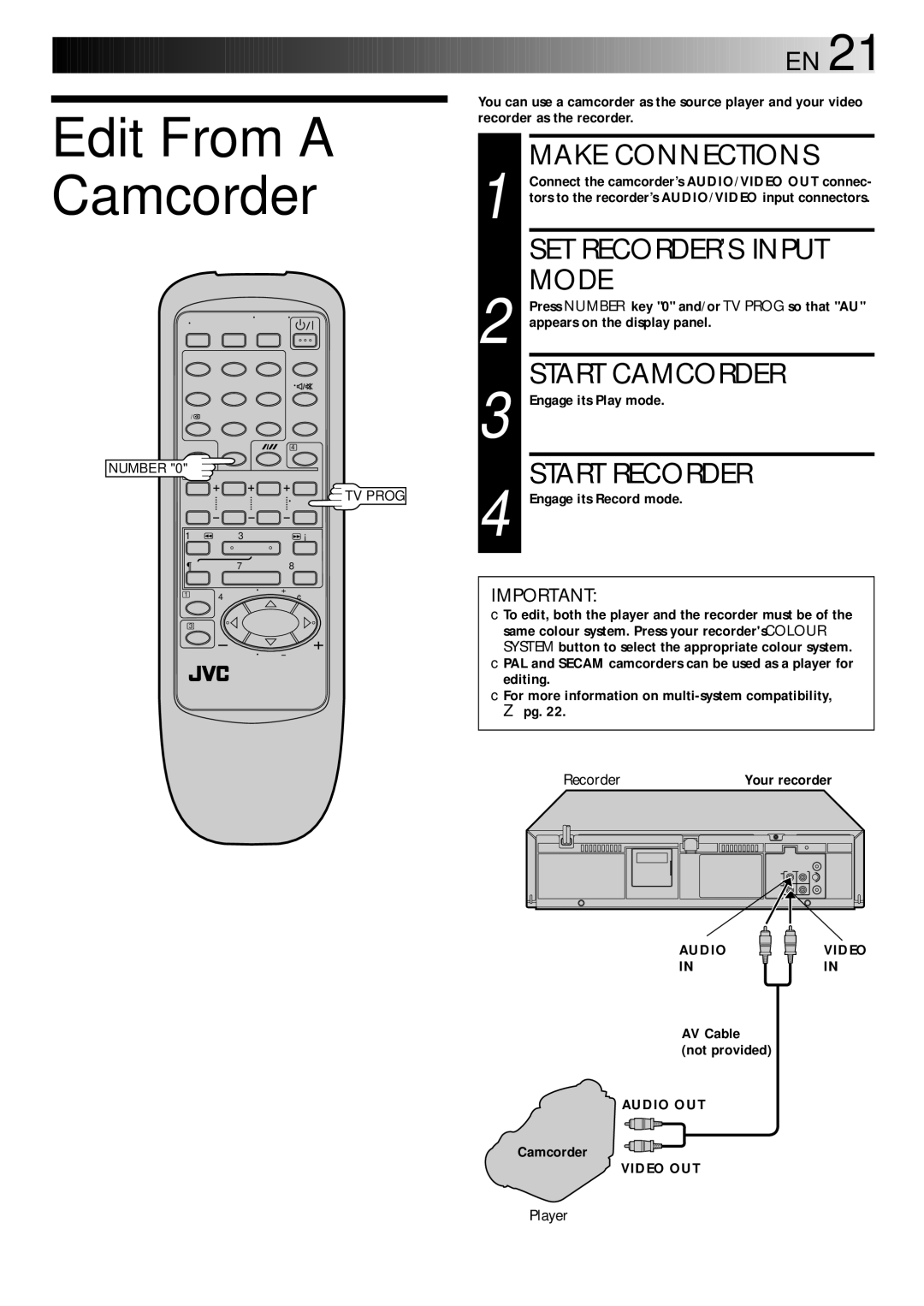 JVC HR-J347EM Edit From a Camcorder, SET RECORDER’S Input Mode, Start Camcorder, Start Recorder, Your recorder 