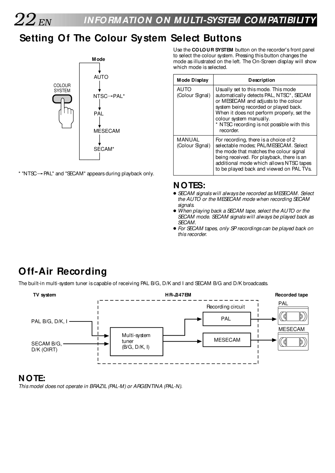 JVC LPT0002-0G4A, HR-J347EM specifications Setting Of The Colour System Select Buttons, Off-Air Recording 