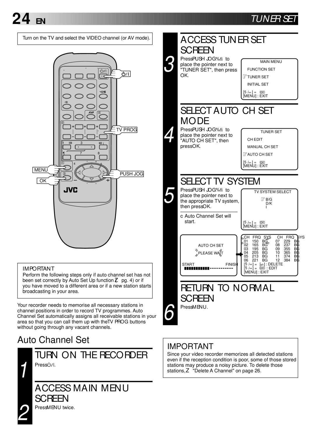 JVC LPT0002-0G4A, HR-J347EM Access Tuner SET Screen, Select Auto CH SET Mode, Select TV System, Press Push JOG to 