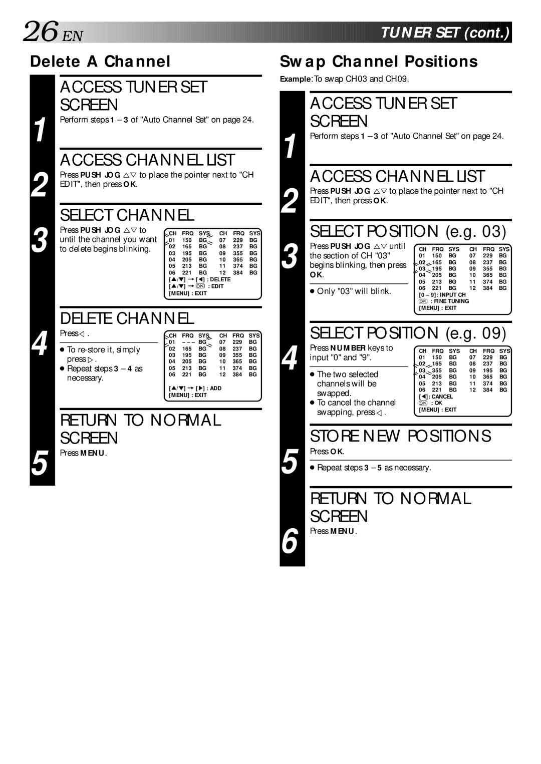 JVC LPT0002-0G4A, HR-J347EM specifications Access Channel List, Delete a Channel, Swap Channel Positions 