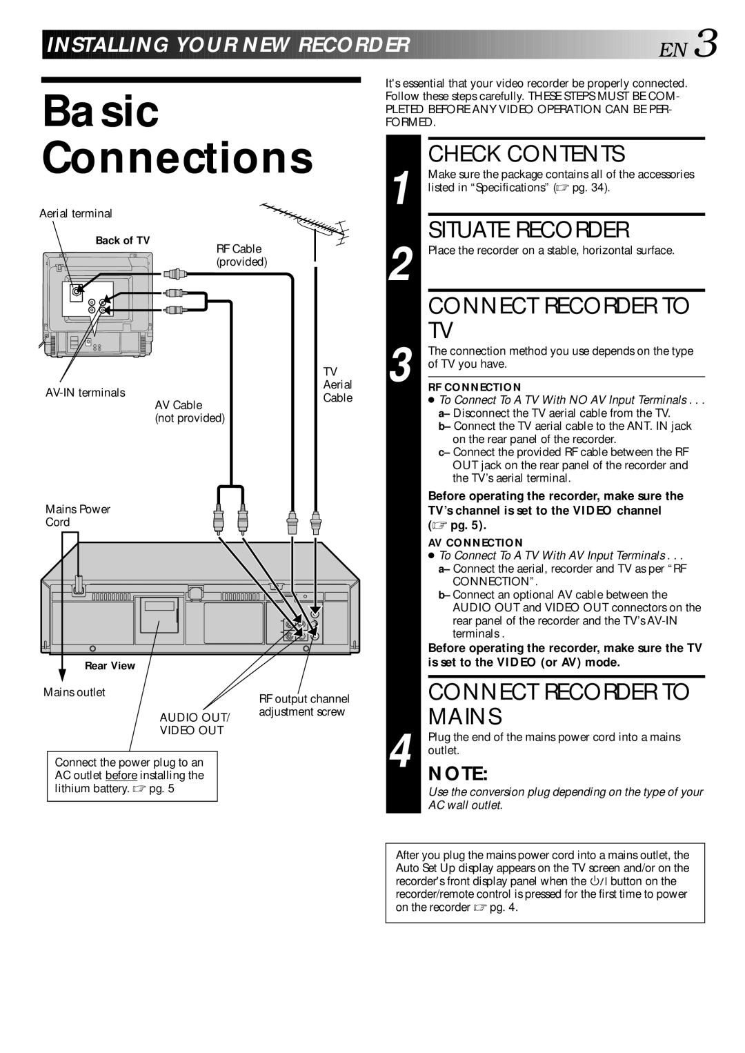 JVC HR-J347EM, LPT0002-0G4A specifications Basic Connections, Check Contents, Situate Recorder, Mains 