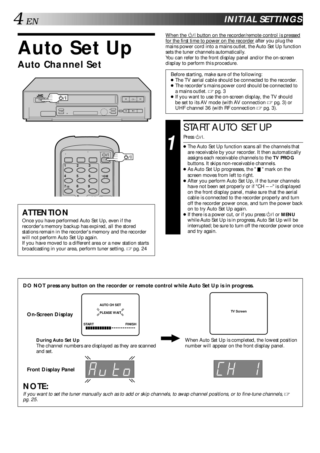 JVC LPT0002-0G4A, HR-J347EM specifications Start Auto SET UP, Auto Channel Set, Or Menu, During Auto Set Up 