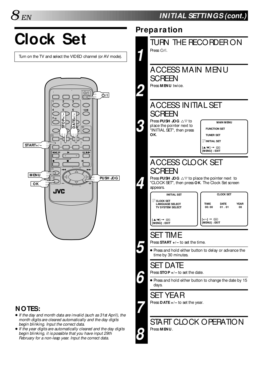 JVC LPT0002-0G4A Clock Set, Access Main Menu Screen, Access Initial SET Screen, Access Clock SET Screen, SET Time 