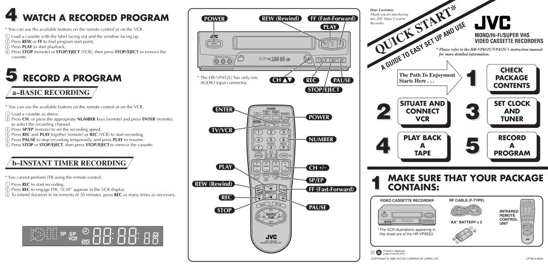 JVC IYV*UN*PJ, LPT0018-002A quick start Watch a Recorded Program, Record a Program, Make Sure That Your Package Contains 