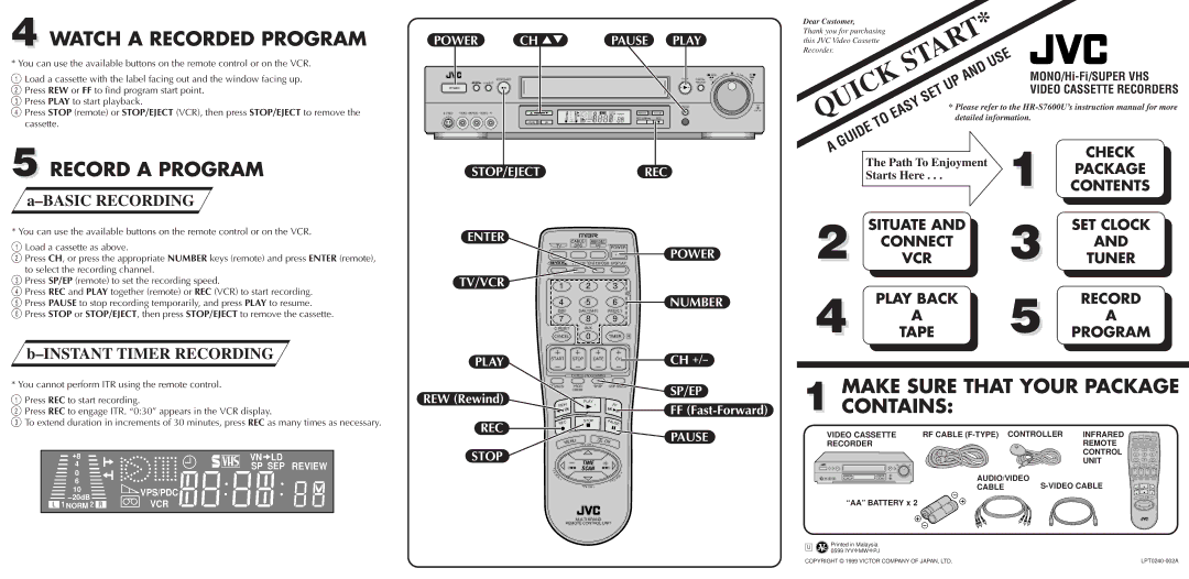 JVC LPT0240-002A quick start Watch a Recorded Program, Record a Program, Make Sure That Your Package Contains 