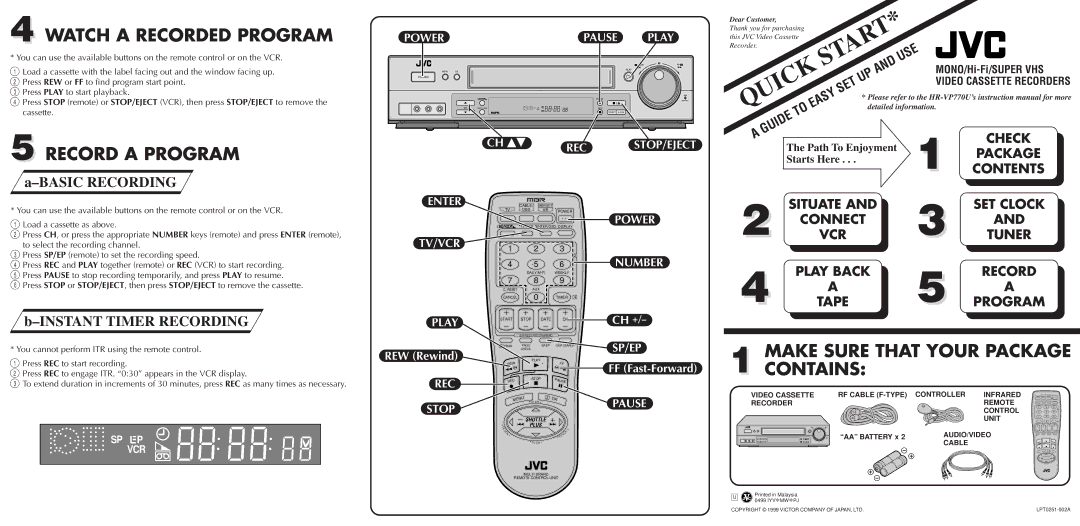 JVC HR-VP770U, LPT0251-002A quick start Watch a Recorded Program, Record a Program, Make Sure That Your Package Contains 