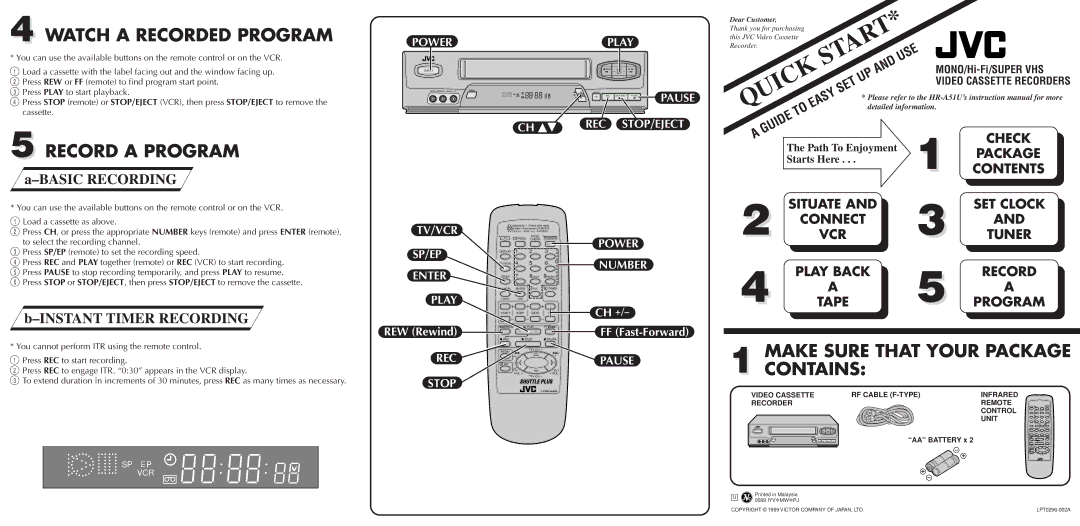 JVC IYV*MW*PJ quick start Watch a Recorded Program, Record a Program, Basic Recording, Instant Timer Recording 