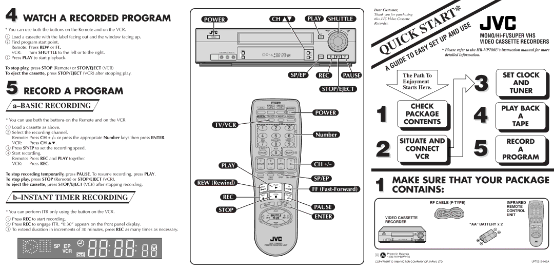 JVC HR-VP-78OU, LPT0313-002A quick start Basic Recording, Instant Timer Recording 