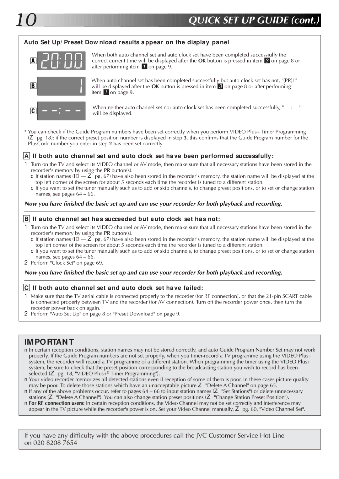 JVC LPT0319-001A, HR-S8700EK setup guide If auto channel set has succeeded but auto clock set has not 