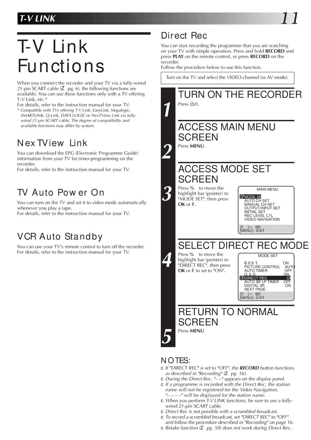 JVC HR-S8700EK, LPT0319-001A Link Functions, Turn on the Recorder, Access Main Menu Screen, Access Mode SET Screen 