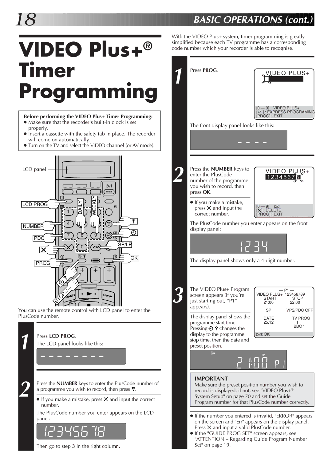 JVC LPT0319-001A, HR-S8700EK setup guide Video Plus+ Timer Programming, Access Video PLUS+ Screen, Enter Pluscode Number 