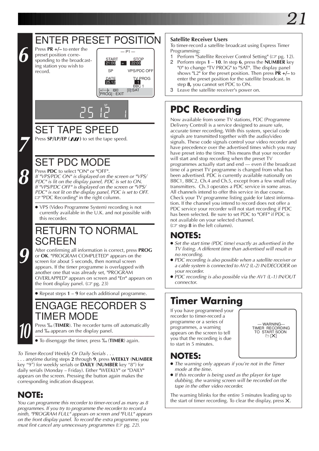 JVC HR-S8700EK, LPT0319-001A SET Tape Speed, SET PDC Mode, Return to Normal, Screen, Engage RECORDER’S, Timer Mode 