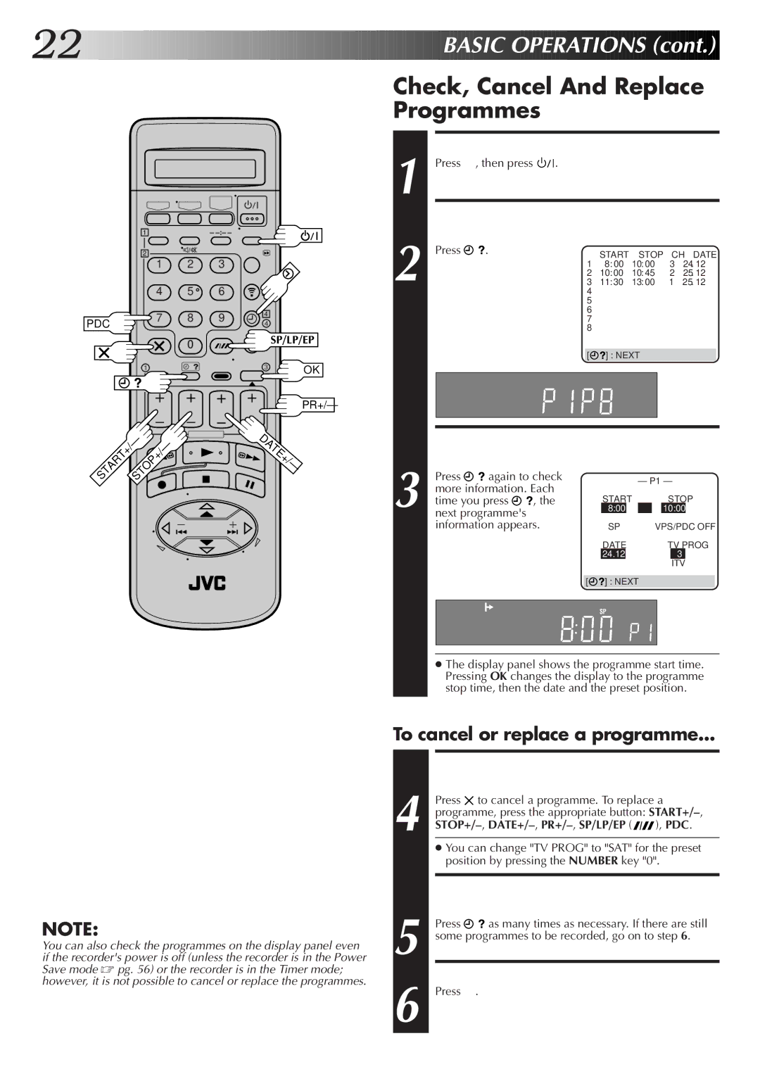 JVC LPT0319-001A, HR-S8700EK setup guide Check, Cancel And Replace Programmes 