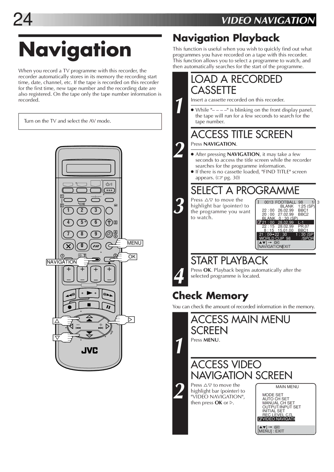 JVC LPT0319-001A, HR-S8700EK setup guide Navigation 