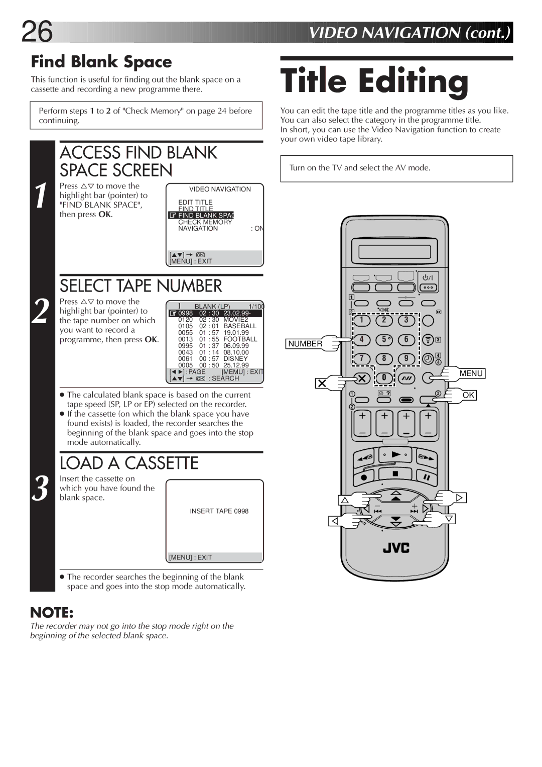 JVC LPT0319-001A, HR-S8700EK setup guide Title Editing, Access Find Blank Space Screen, Select Tape Number, Load a Cassette 