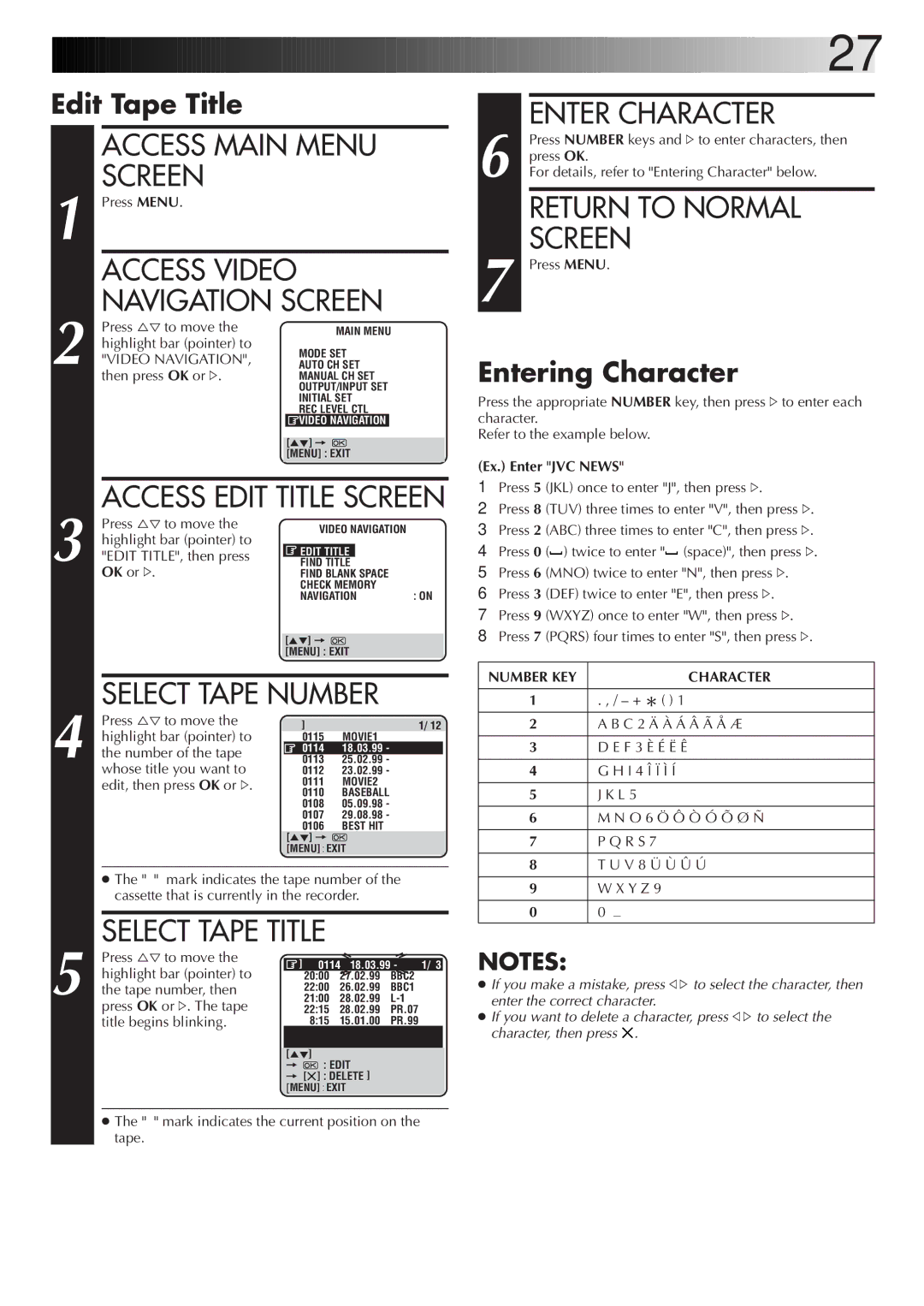 JVC HR-S8700EK Access Video Navigation Screen, Enter Character, Edit Tape Title, Select Tape Number, Entering Character 