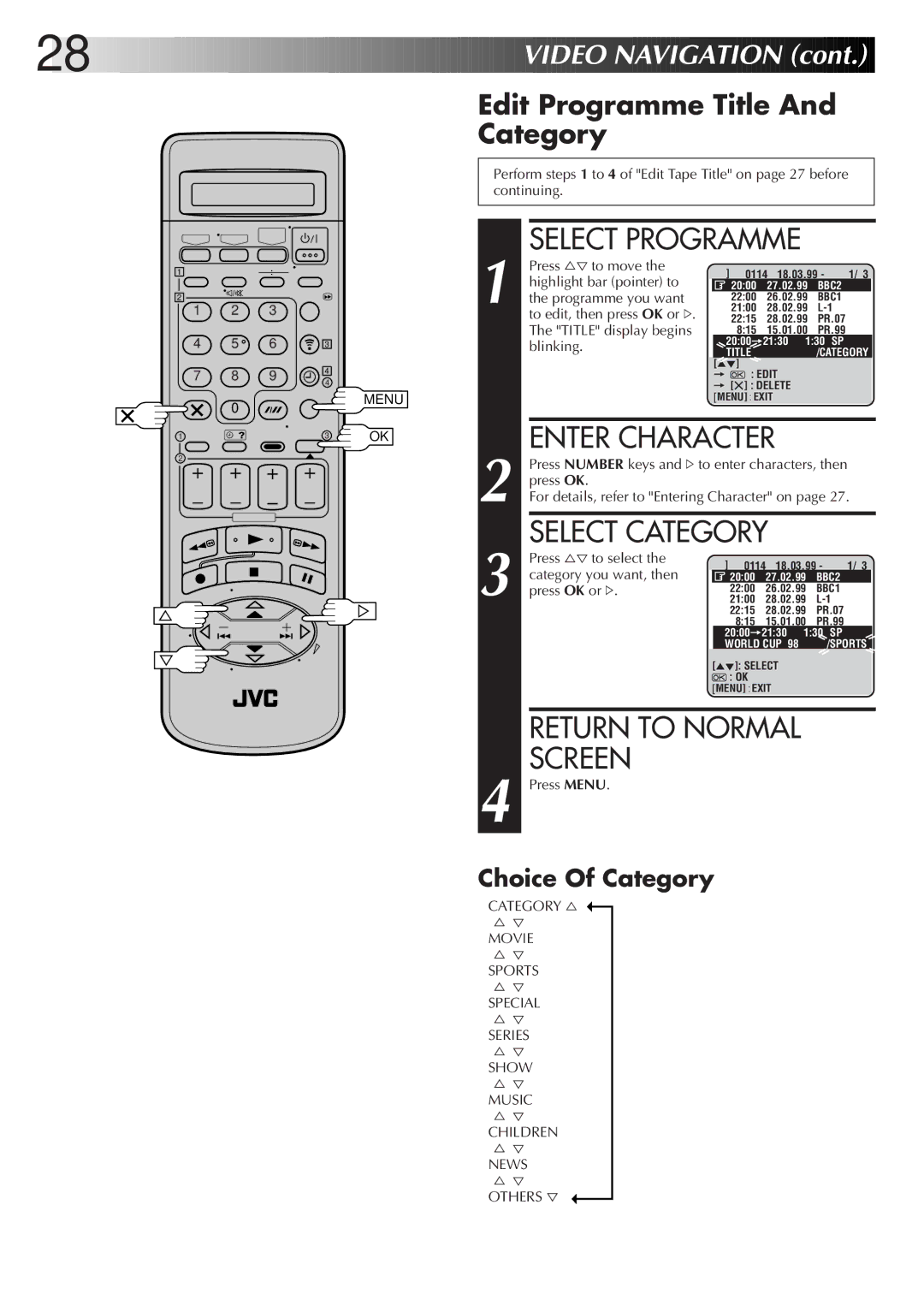 JVC LPT0319-001A, HR-S8700EK setup guide Select Programme, Select Category, Edit Programme Title Category 